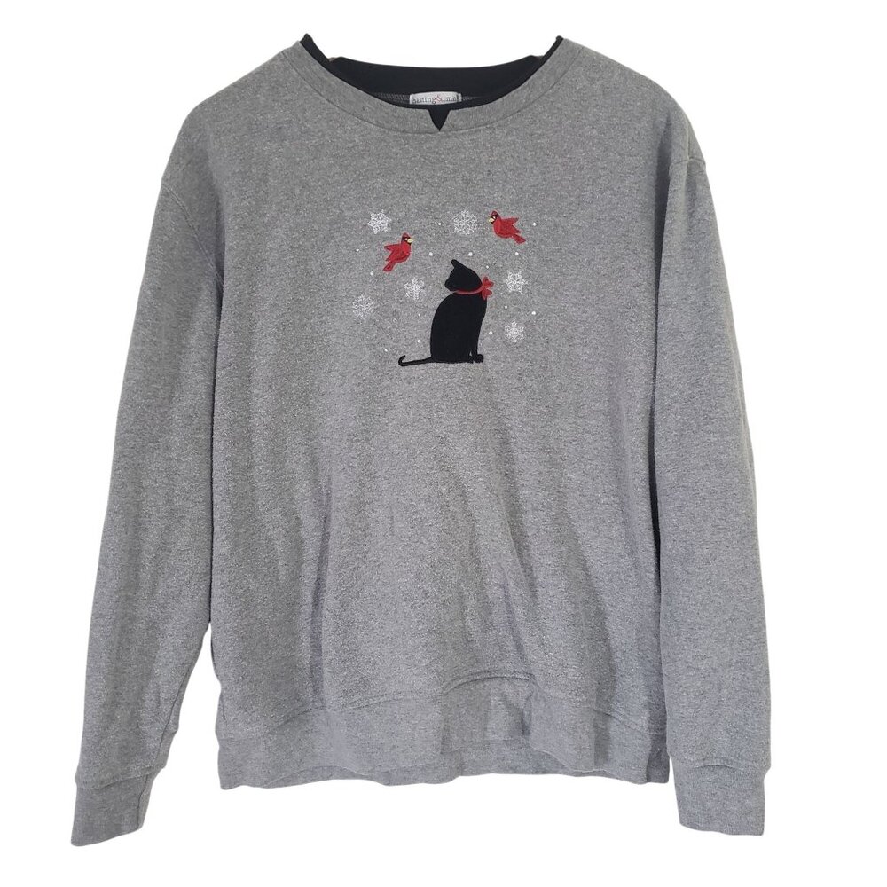 Vtg Hasting & Smith Gray Black‎ Cat Embroidered Pullover Sweatshirt Size XL